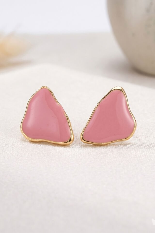 Gold Renk Pembe Mineli Üçgen Küpe