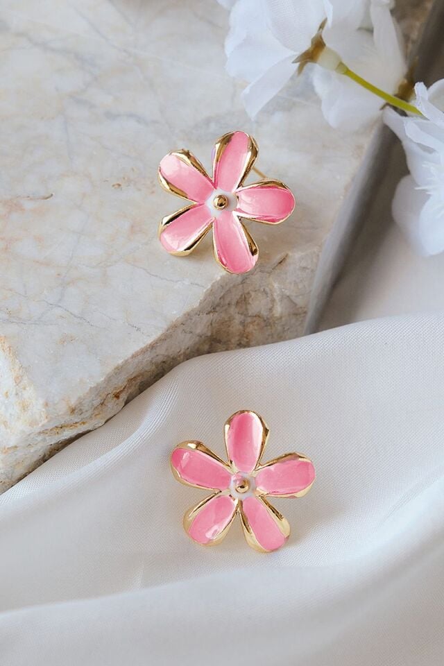 Pembe ve Beyaz Mineli Papatya Küpe