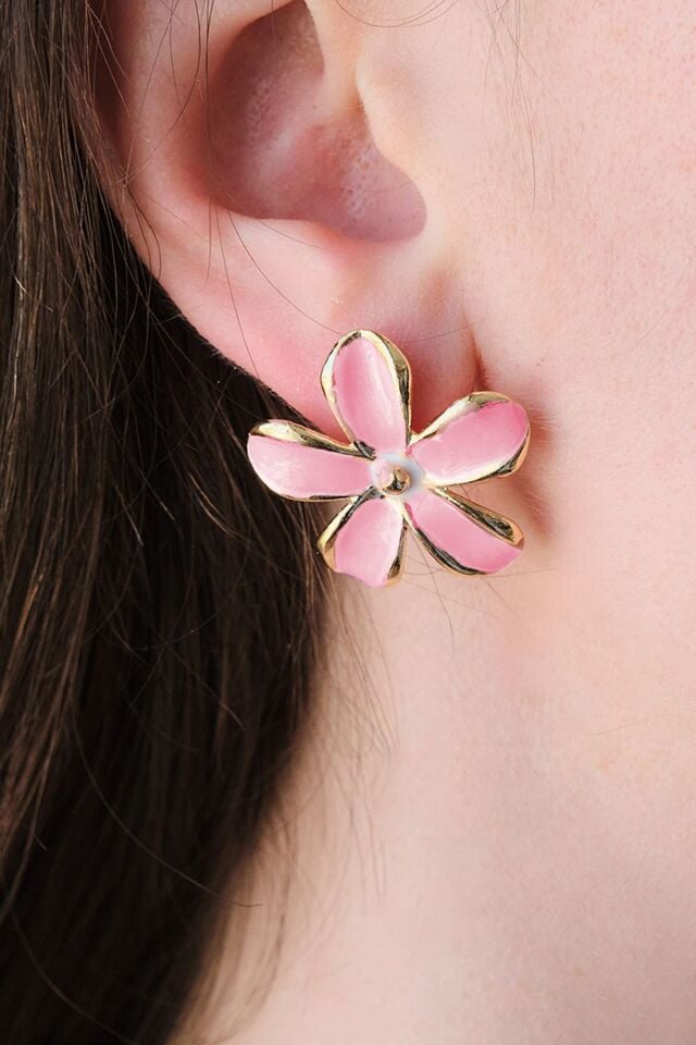 Pembe ve Beyaz Mineli Papatya Küpe