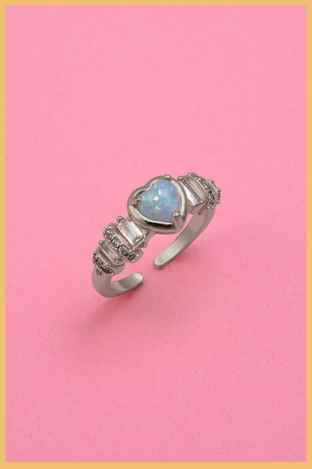 Kadın Gümüş Kaplama Mavi Opal Kalp & Zirkon Baget Taşlı Ayarlanabilir Çelik Yüzük (exclusive)