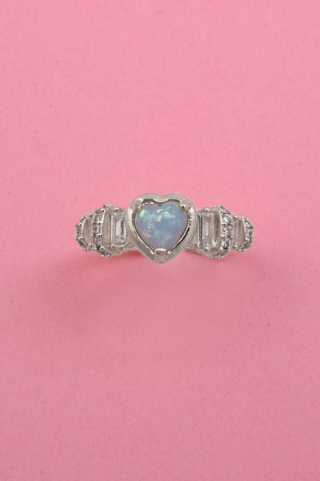 Kadın Gümüş Kaplama Mavi Opal Kalp & Zirkon Baget Taşlı Ayarlanabilir Çelik Yüzük (exclusive)