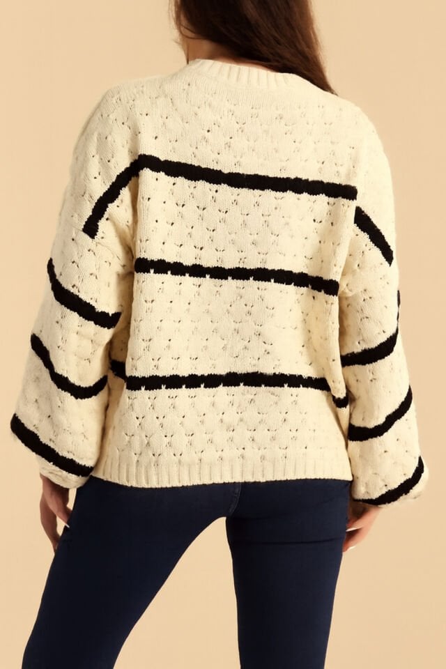 Krem Ajurlu Çizgili Kadın Triko Kazak