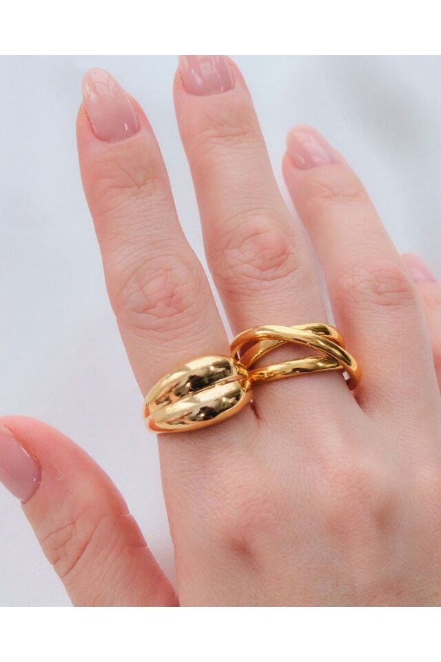 2'li Gold Renk Çapraz Sarmal Ve Çift Bombeli Ayarlanabilir Yüzük Seti
