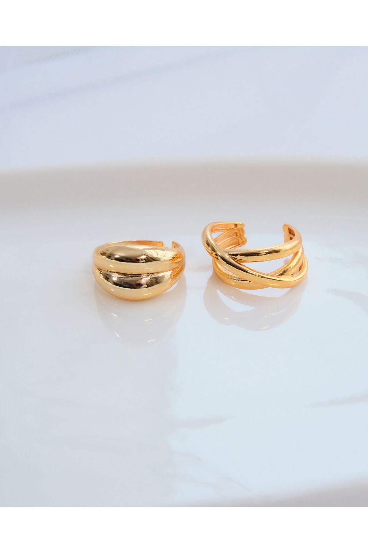 2'li Gold Renk Çapraz Sarmal Ve Çift Bombeli Ayarlanabilir Yüzük Seti