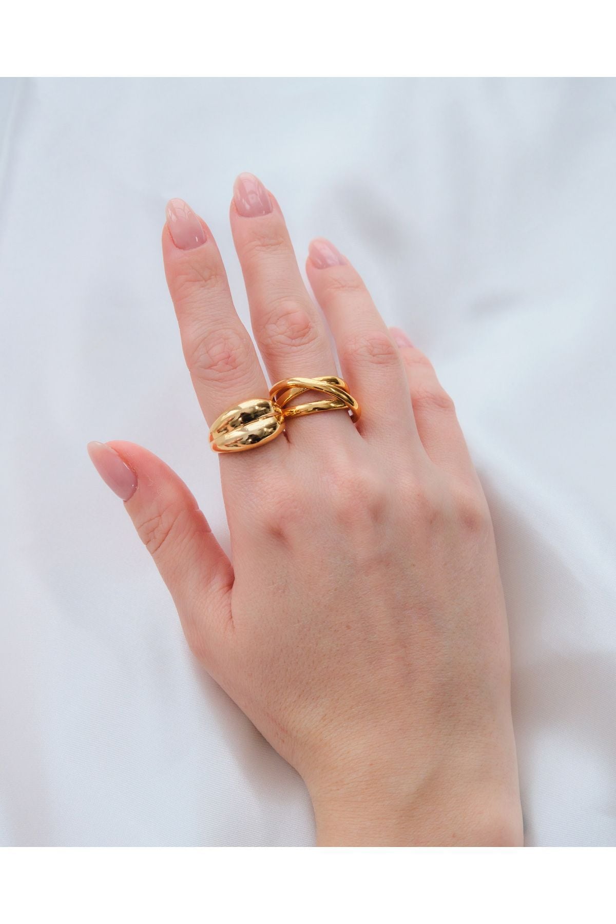 2'li Gold Renk Çapraz Sarmal Ve Çift Bombeli Ayarlanabilir Yüzük Seti