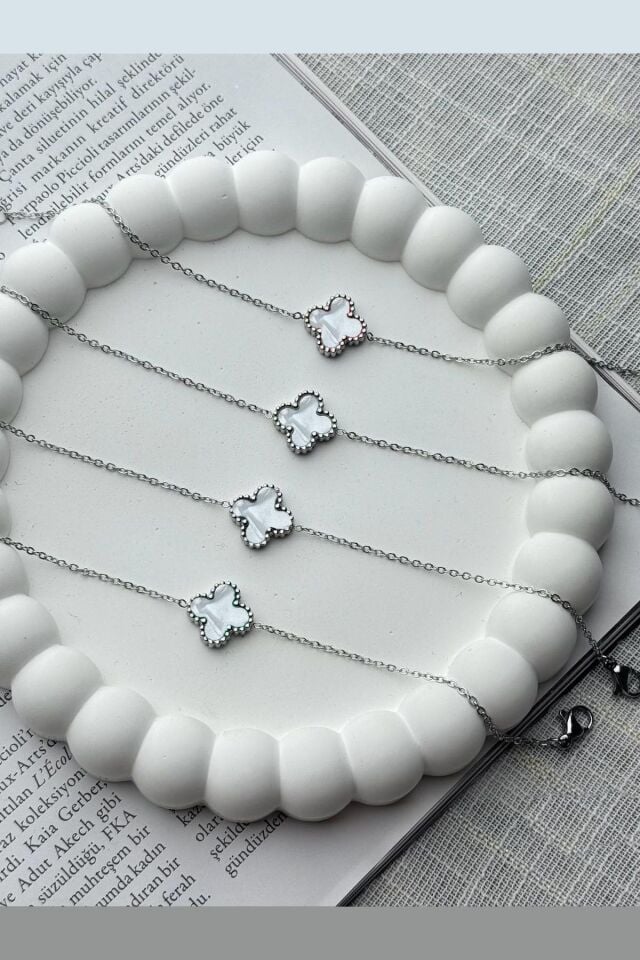 Gümüş Renk Cleef Beyaz Sedef Yonca Çelik Bileklik