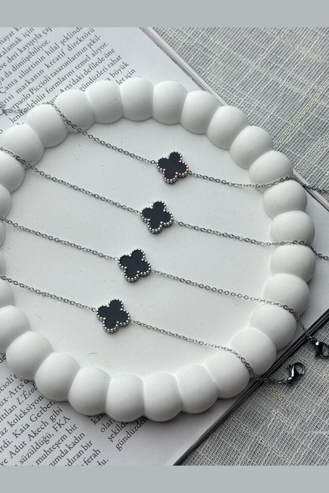 Gümüş Renk Cleef Beyaz Sedef Yonca Çelik Bileklik