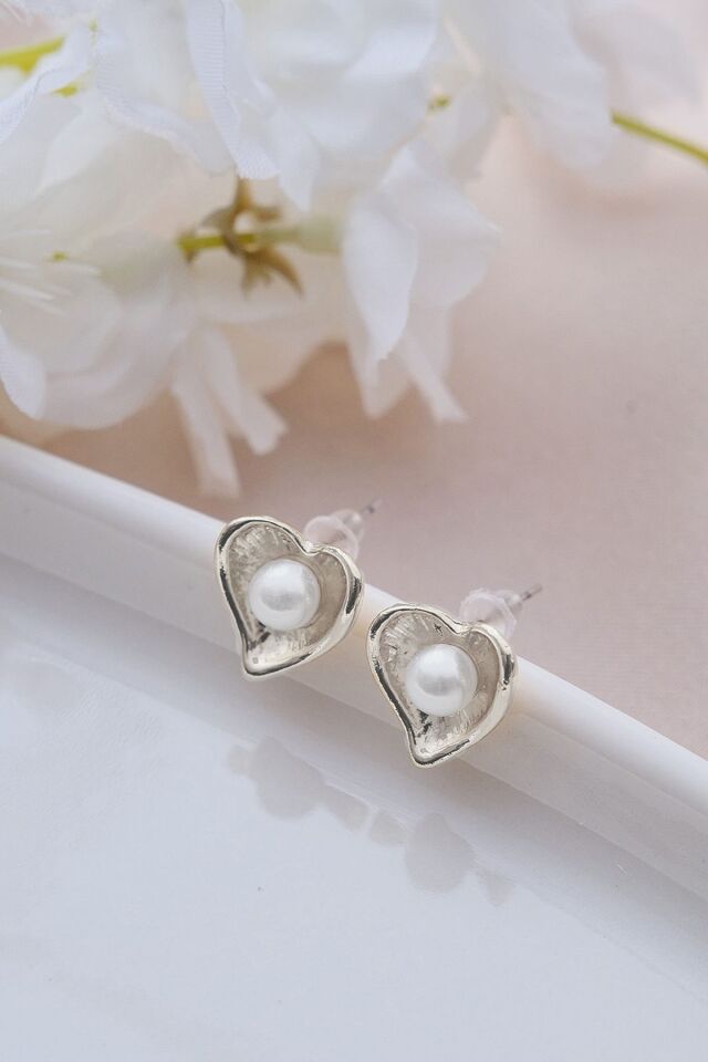 Gümüş Kaplama İncili Mini Kalp Küpe