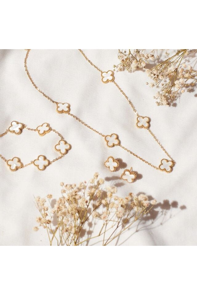 Altın Kaplama Sedef Kolye Bileklik Küpe Cleff Çelik Set