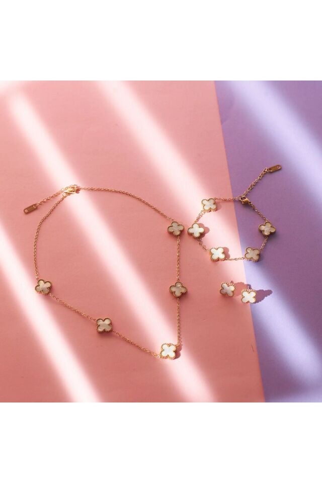 Altın Kaplama Sedef Kolye Bileklik Küpe Cleff Çelik Set