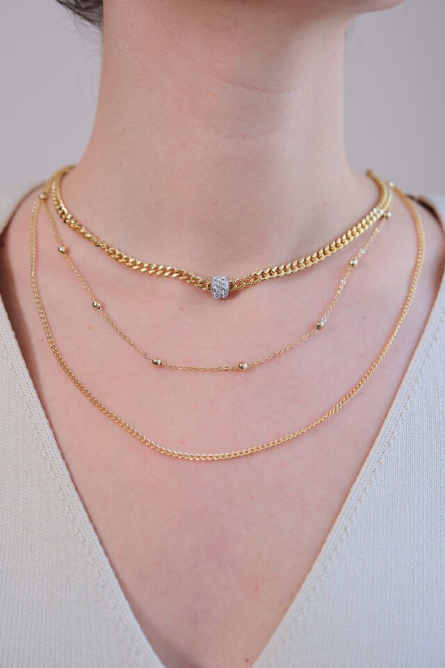 Gold 3'lü Zirkon Taşlı Silindir Kolye