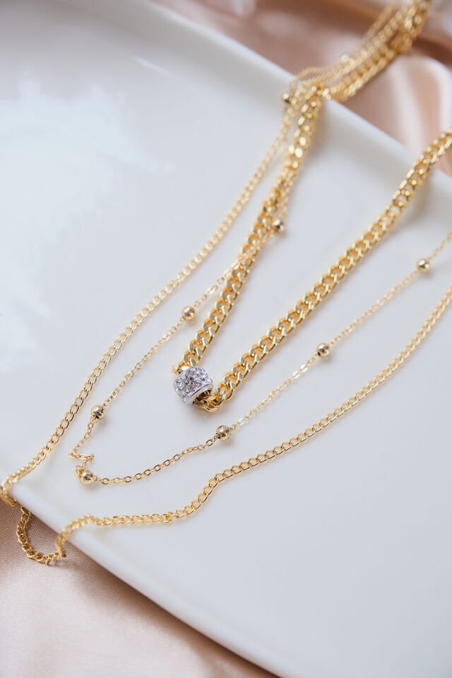 Gold 3'lü Zirkon Taşlı Silindir Kolye