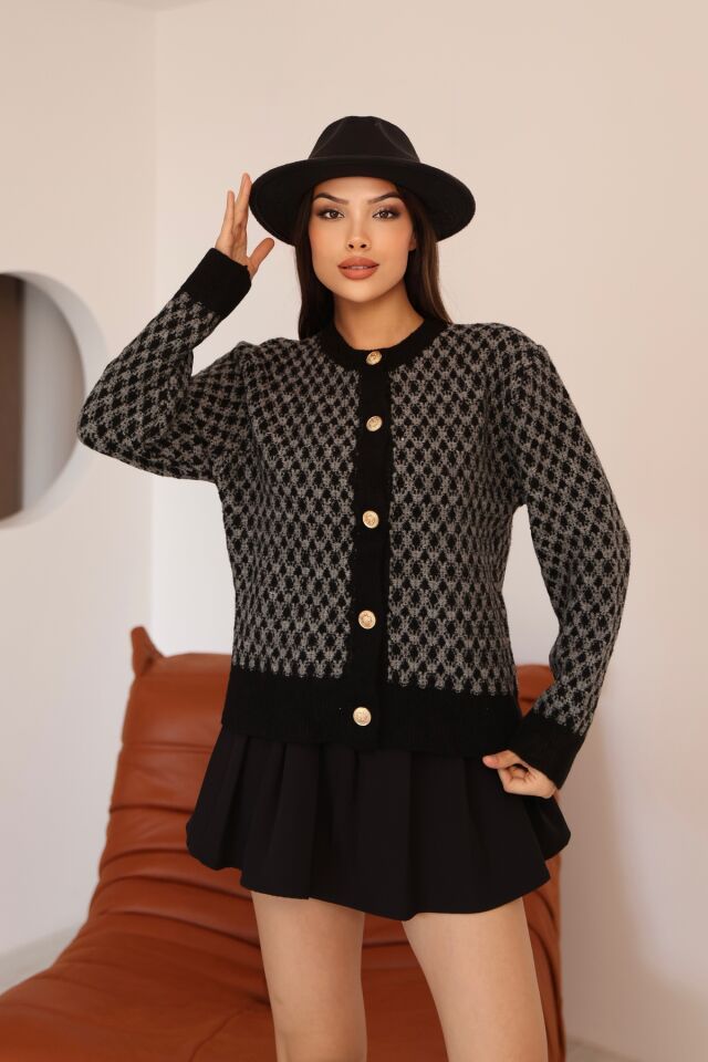 Kadın Siyah Gri Bisiklet Yaka Gold Düğme Detaylı Desenli Triko Hırka