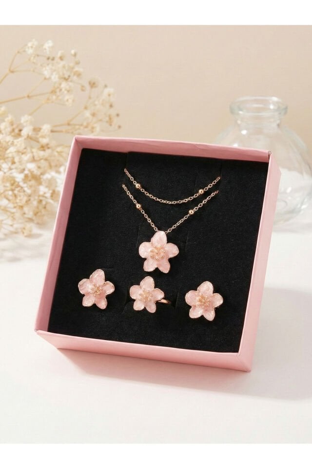 Renk Sakura Çiçeği Kolye Küpe Yüzük Seti Hediye Kutusunda Sevgililer Günü Özel