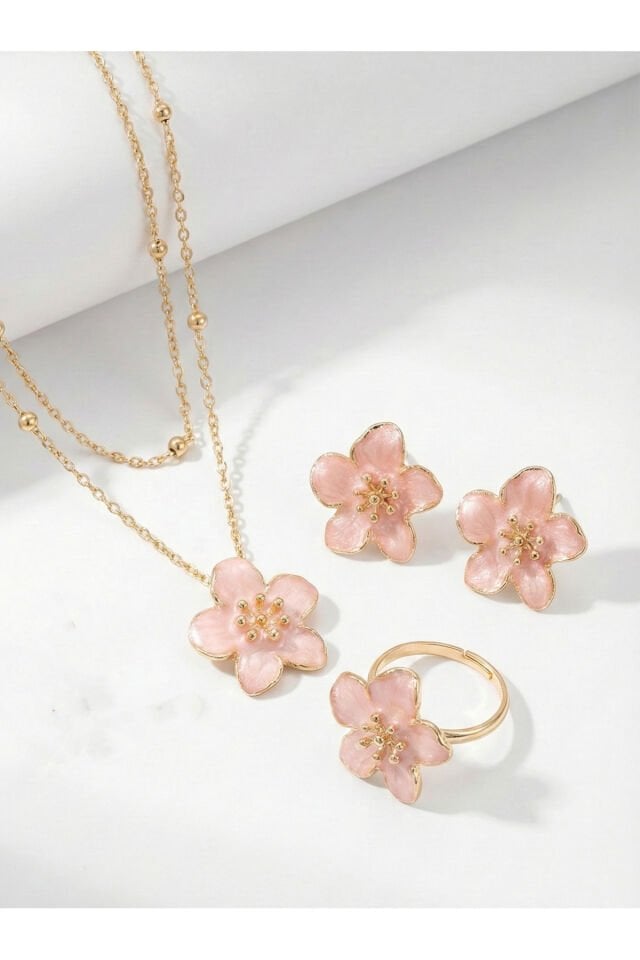 Renk Sakura Çiçeği Kolye Küpe Yüzük Seti Hediye Kutusunda Sevgililer Günü Özel