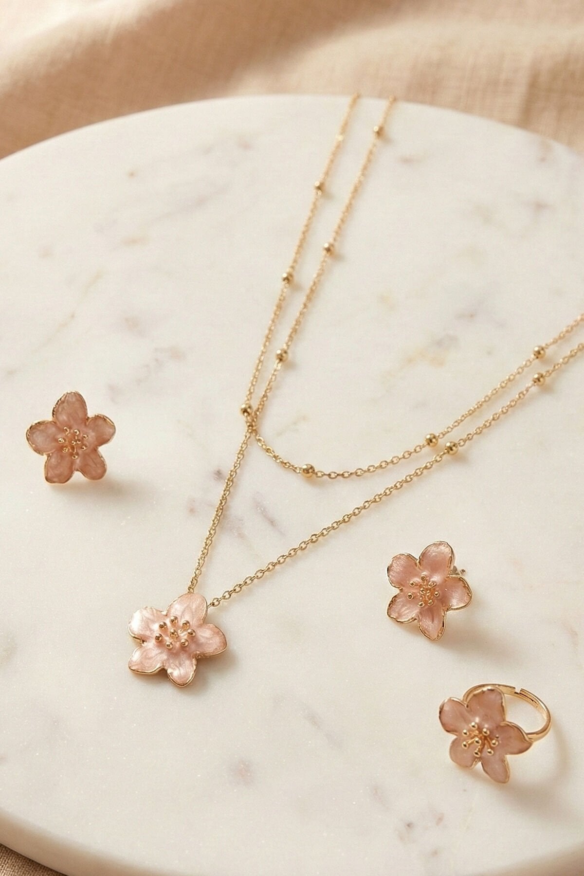 Renk Sakura Çiçeği Kolye Küpe Yüzük Seti Hediye Kutusunda Sevgililer Günü Özel