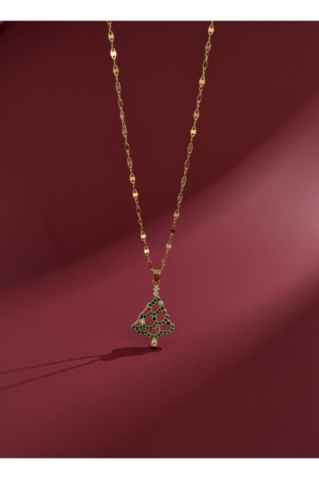 Altın Kaplama Yılbaşı Ağacı Zirkon Taşlı Çelik Kolye – Yılbaşı Hediyesi