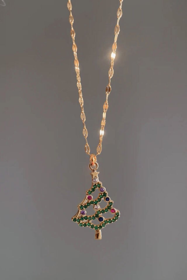 Altın Kaplama Yılbaşı Ağacı Zirkon Taşlı Çelik Kolye – Yılbaşı Hediyesi