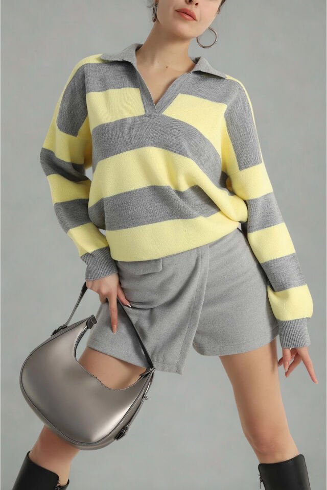 Polo Yaka Gri Sarı Çizgili Triko Kazak