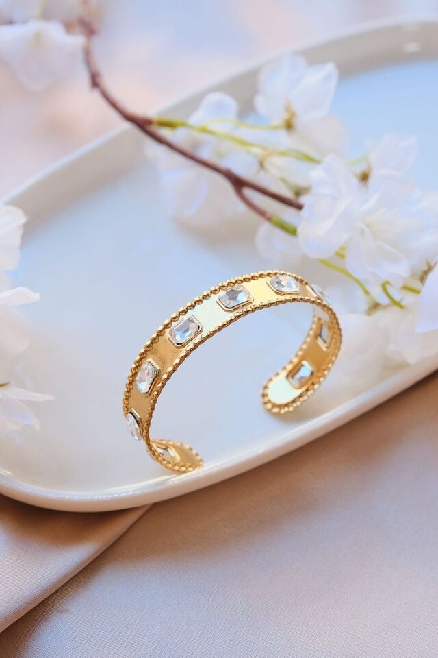 Gold Vintage Baget Zirkon Taşlı Çelik Kelepçe Bileklik