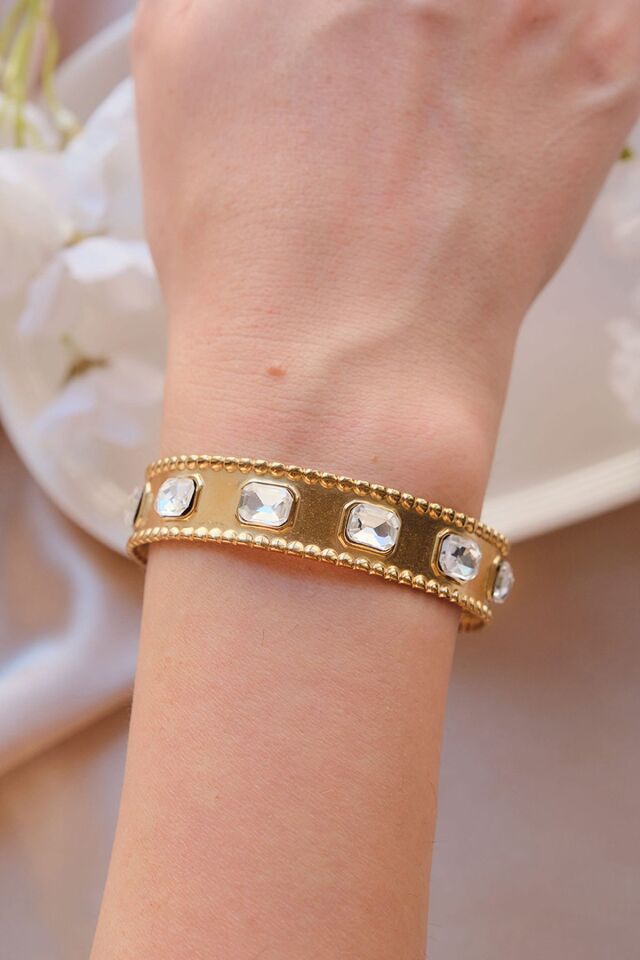 Gold Vintage Baget Zirkon Taşlı Çelik Kelepçe Bileklik