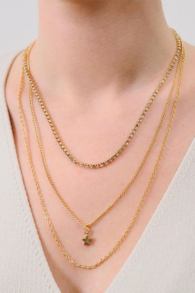 Altın Kaplama Yıldız ve Su Yolu Detaylı 3'lü Kolye Seti