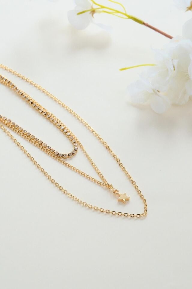 Altın Kaplama Yıldız ve Su Yolu Detaylı 3'lü Kolye Seti