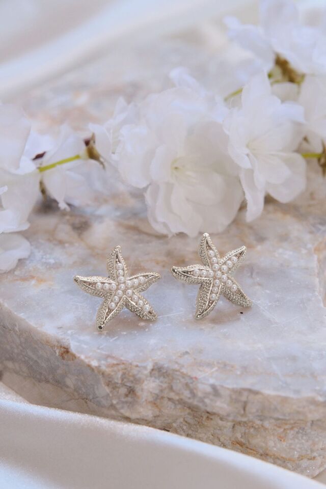 Gümüş Kaplama İncili Deniz Yıldızı Küpe